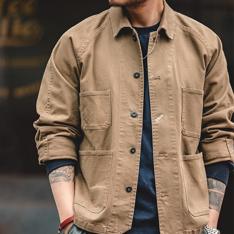 Loose Cotton Solid Chore Coat Workwear Casual Jacket