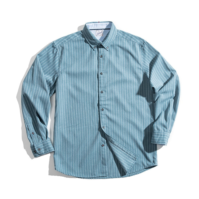 Autumn Retro Blue Striped Shirt For Men