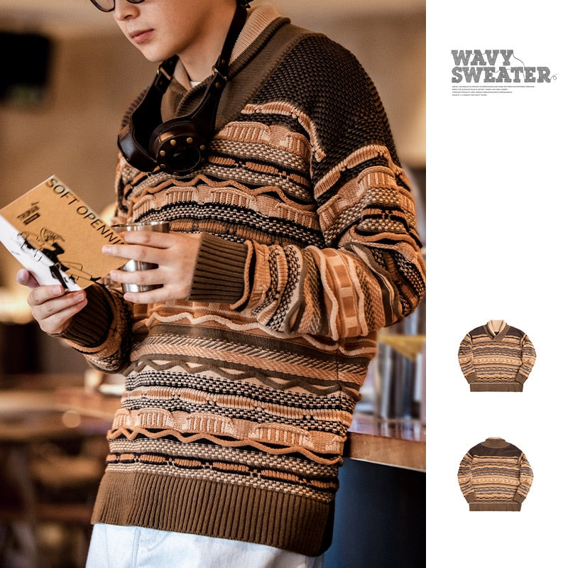 Vintage Wavy Jacquard V-neck Sweater