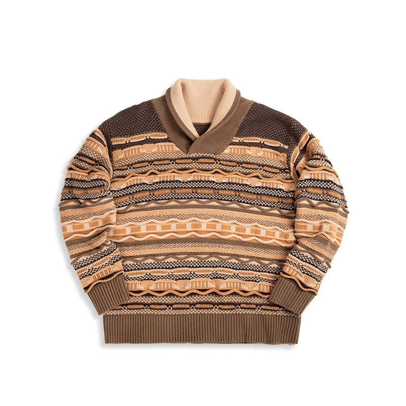 Vintage Wavy Jacquard V-neck Sweater