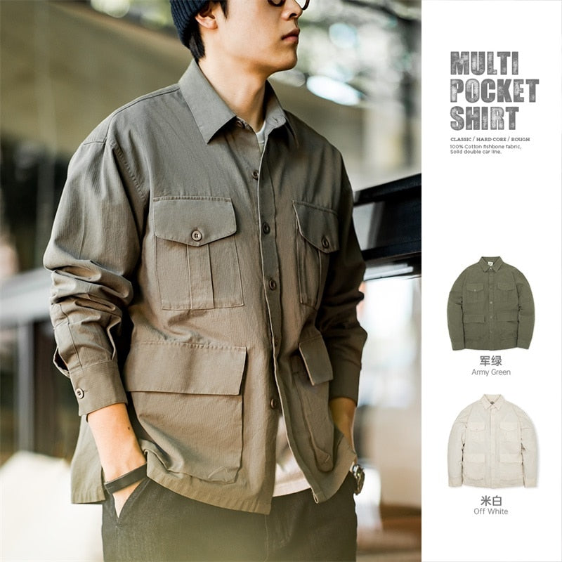 Men's Long Sleeve Cotton Multi-Pocket Shirts